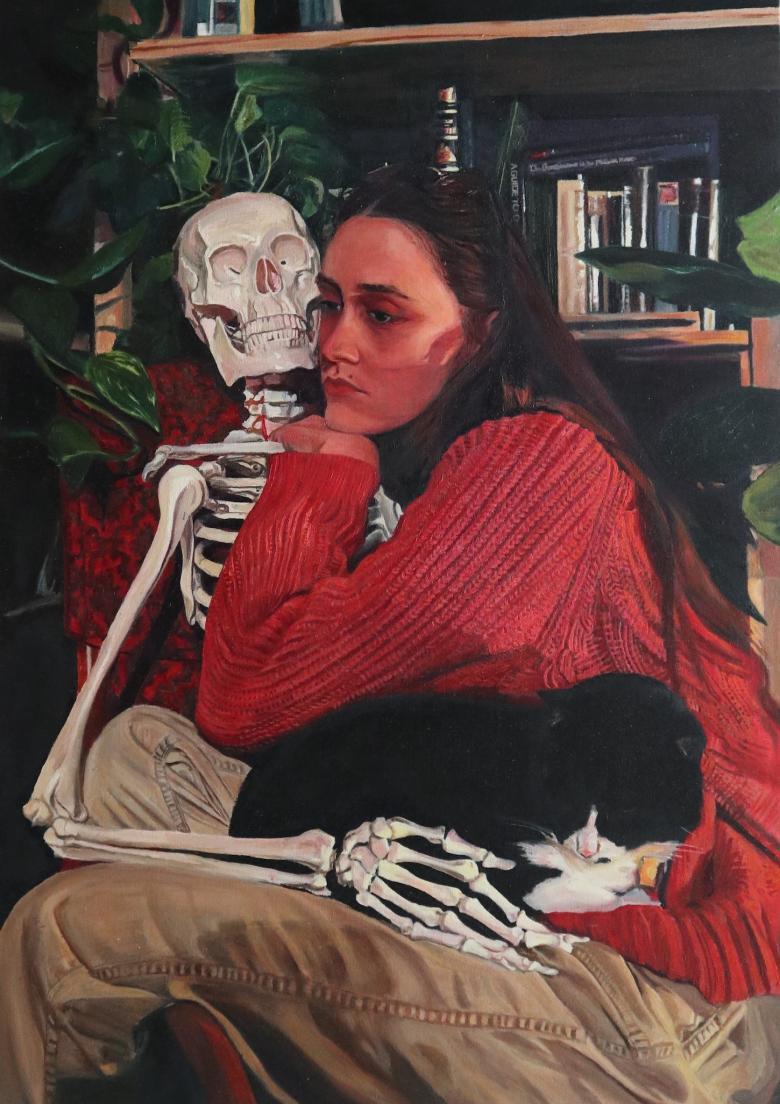 Painting of a female figure with long dark hair and a red knitted top holding a skeleton