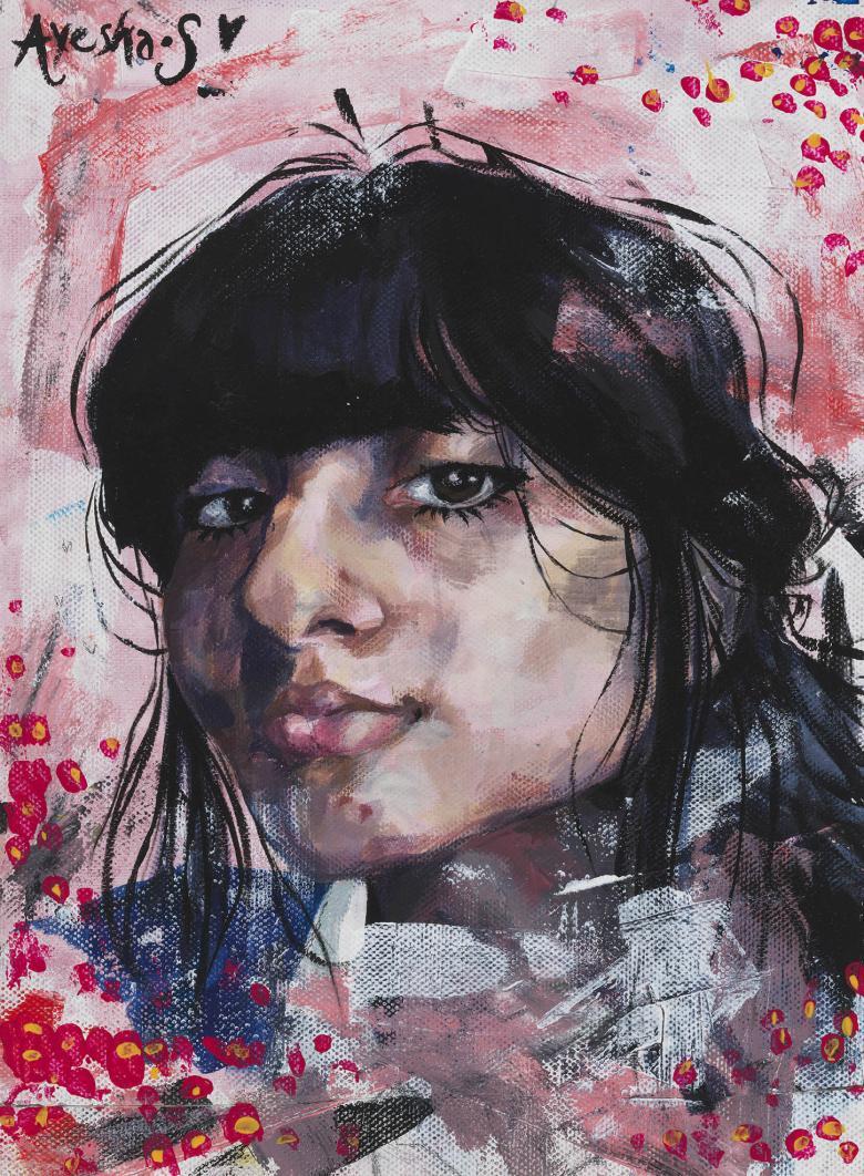 Expressive portrait painting of a dark-haired girl's head against an abstract background of pinks, reds and greys