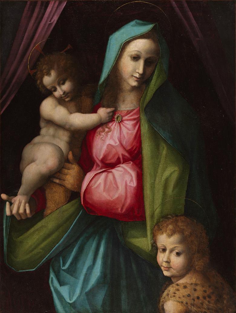 Oil painting of Virgin and Child with Saint John the Baptist