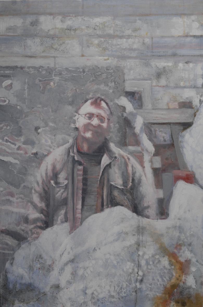 Painting of a male figure with glasses and a green jacket standing in a studio