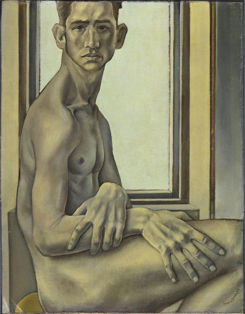 A naked man sits on a chair, in front of a window. He is turned to the side, but his face is turned to look directly at the viewer.