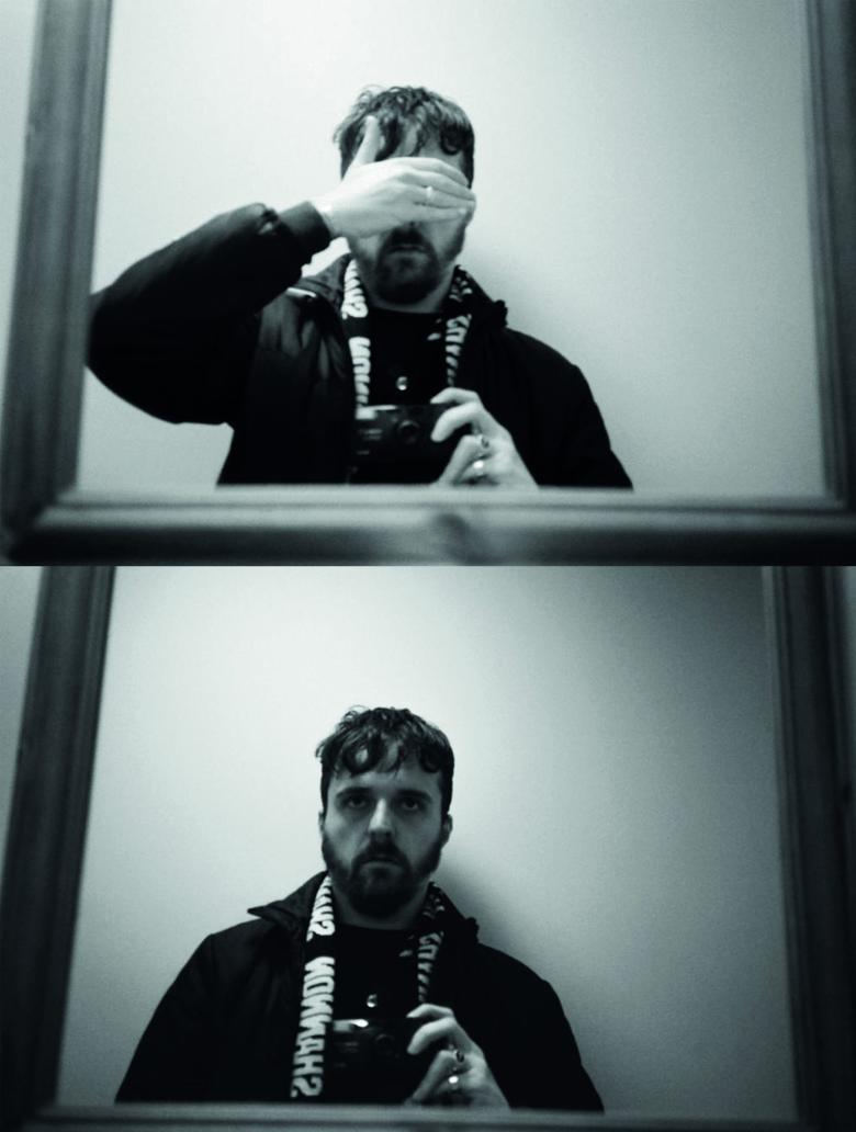 Black and white self-portrait photos of the artist Brian Teeling