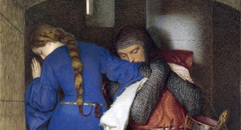 Painting of a young couple on a spiral staircase in a romantic embrace, wearing medieval clothing.