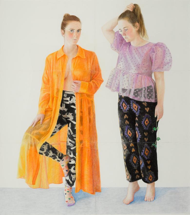 Drawing of two female figures, one wearing an orange dress and one wearing a purple top on a white background