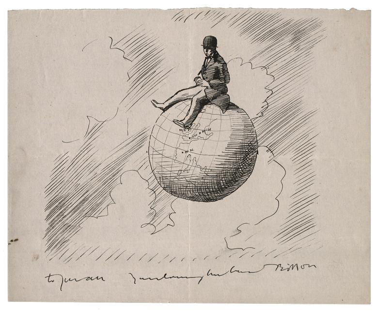 Pencil drawing of a man in a suit and hat, sitting on top of a globe which is floating in mid air.