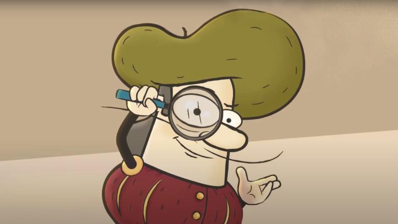 A cartoon character called Cozimo wearing a Renaissance-style outfit and holding a magnifying glass to his eye