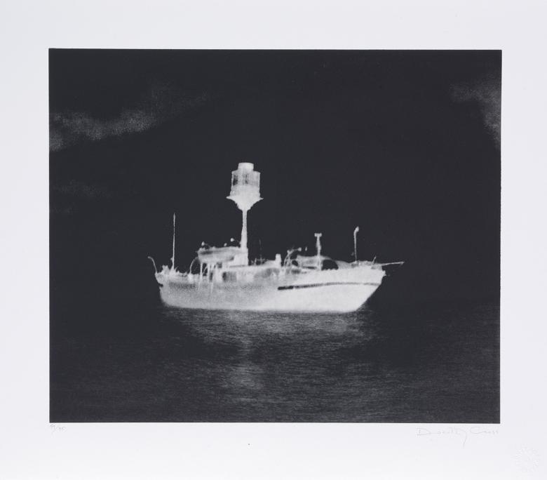 Monochrome photoetching of a lightship floating on the sea