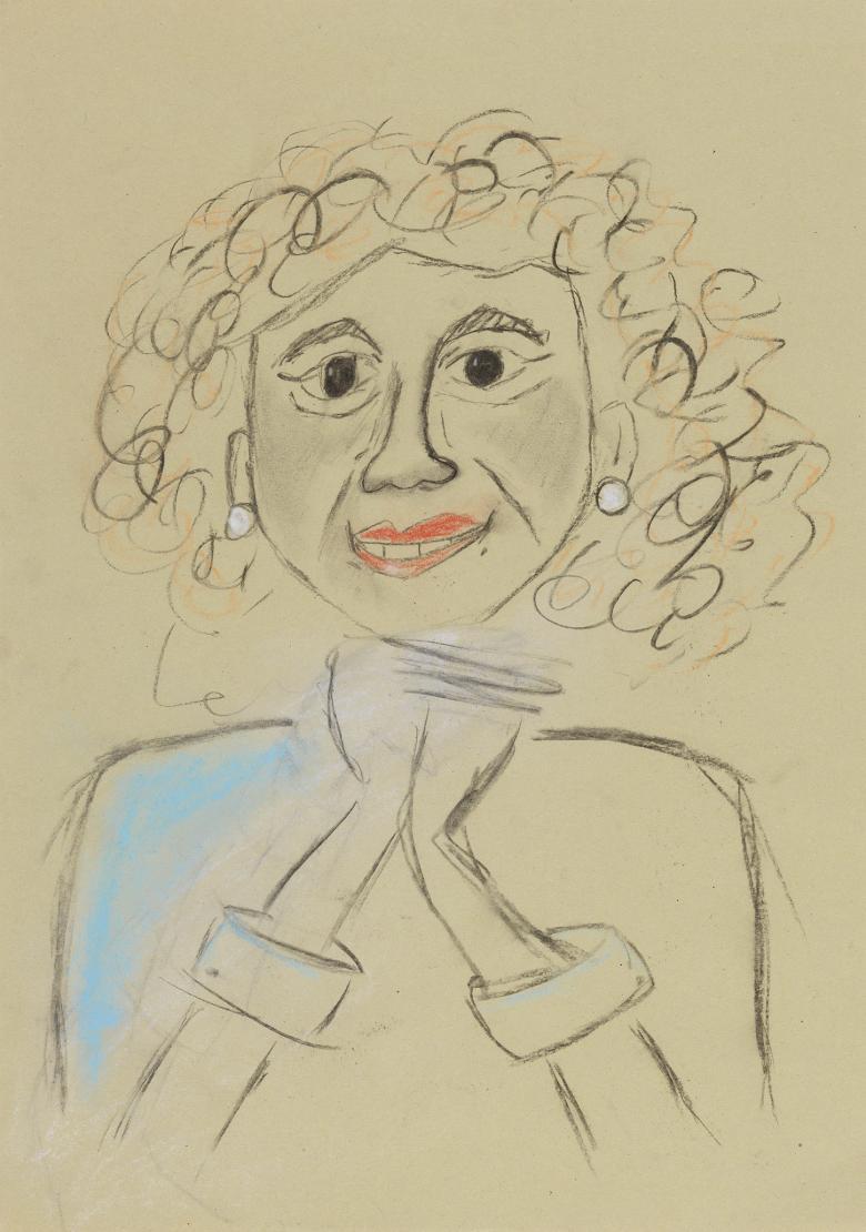 Child's drawing of a half-length portrait of a woman with curl hair with her hands clasped beneath her chin