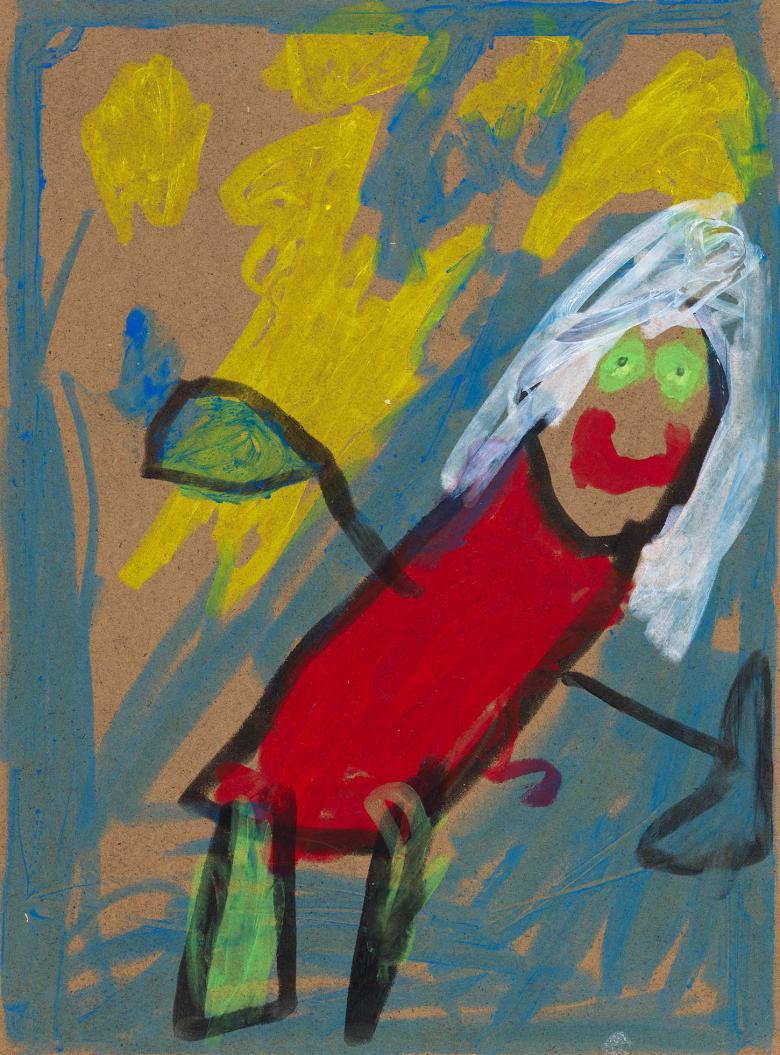Child's painting of a person with white hair and red dress against a blue and yellow background