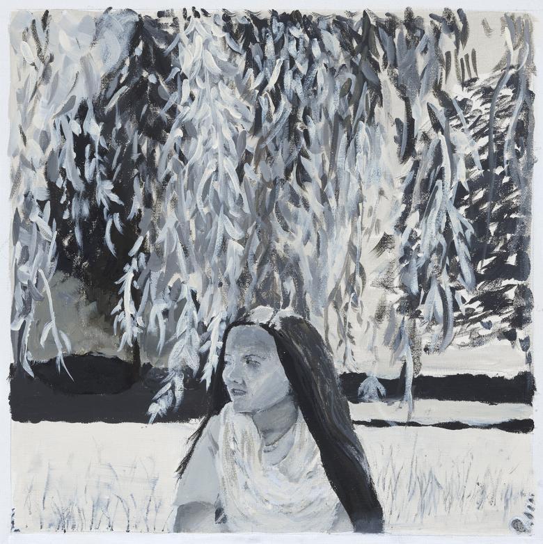Black and white acrylic painting of a young girl in a park sitting under a tree
