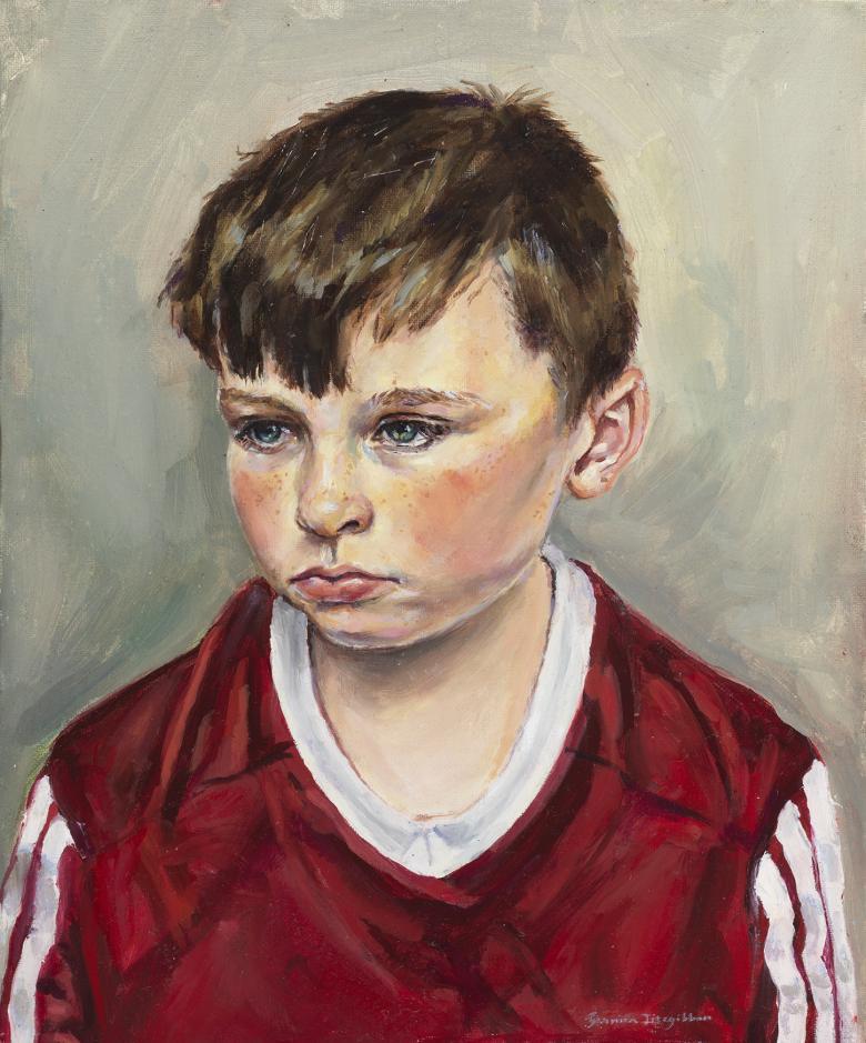 A drawing of a young boy with brown hair. He looks solemnly to the side, wearing a wine-coloured sports jersey with white collar and stripes on the sleeves