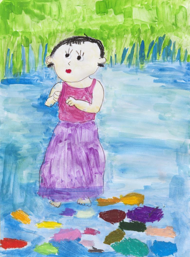 Children's drawing of a female figure in a pink and purple dress standing in a river