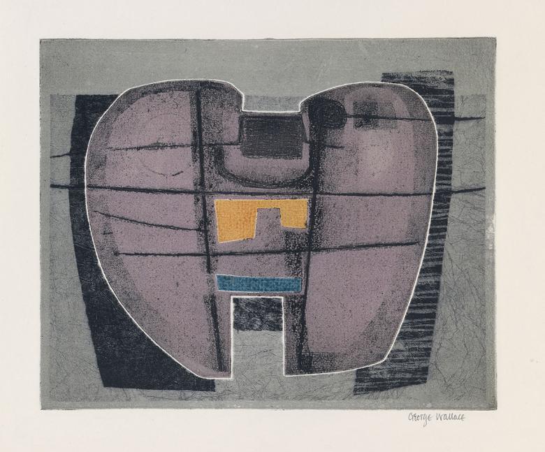 Abstract etching of rounded shapes in tones of grey with yellow and blue shapes inset.