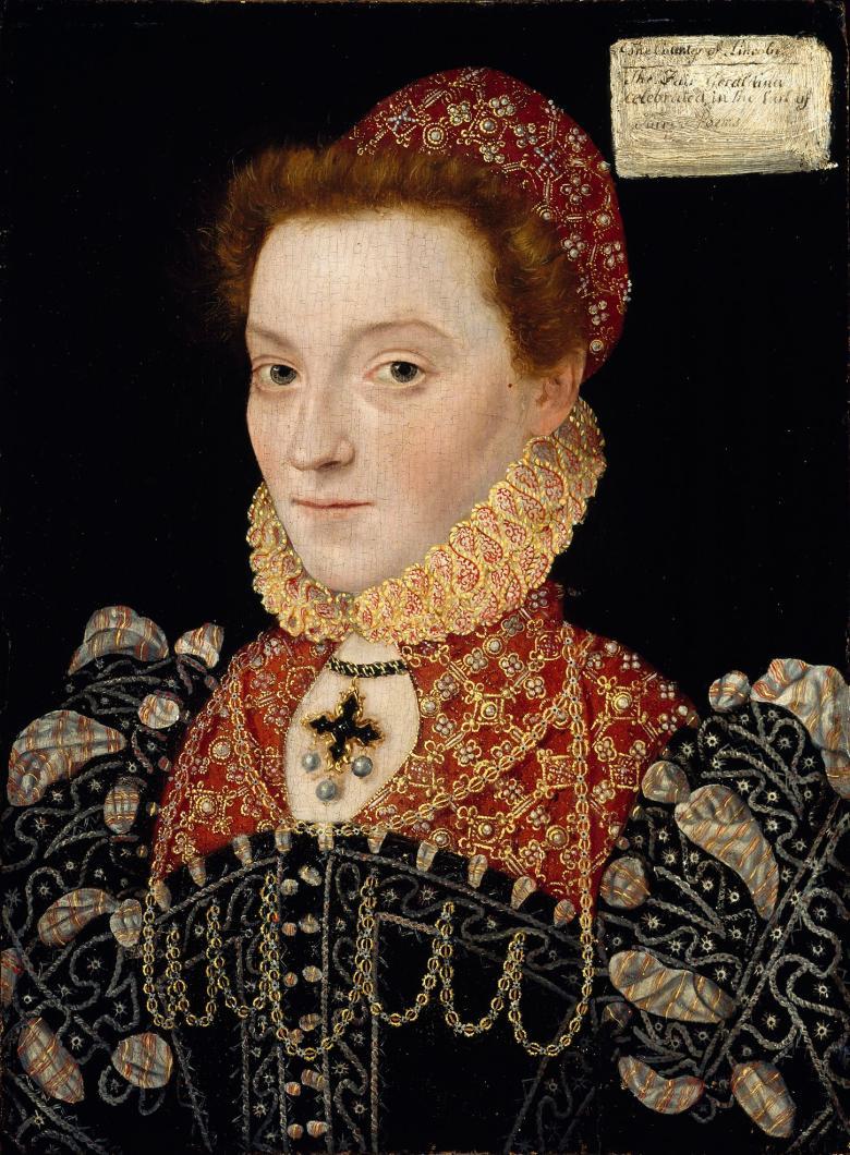 A portrait of a woman wearing a highly decorative costume, including a high neck ruff, a dress with embellished shoulders and a jewelled cross around her neck.