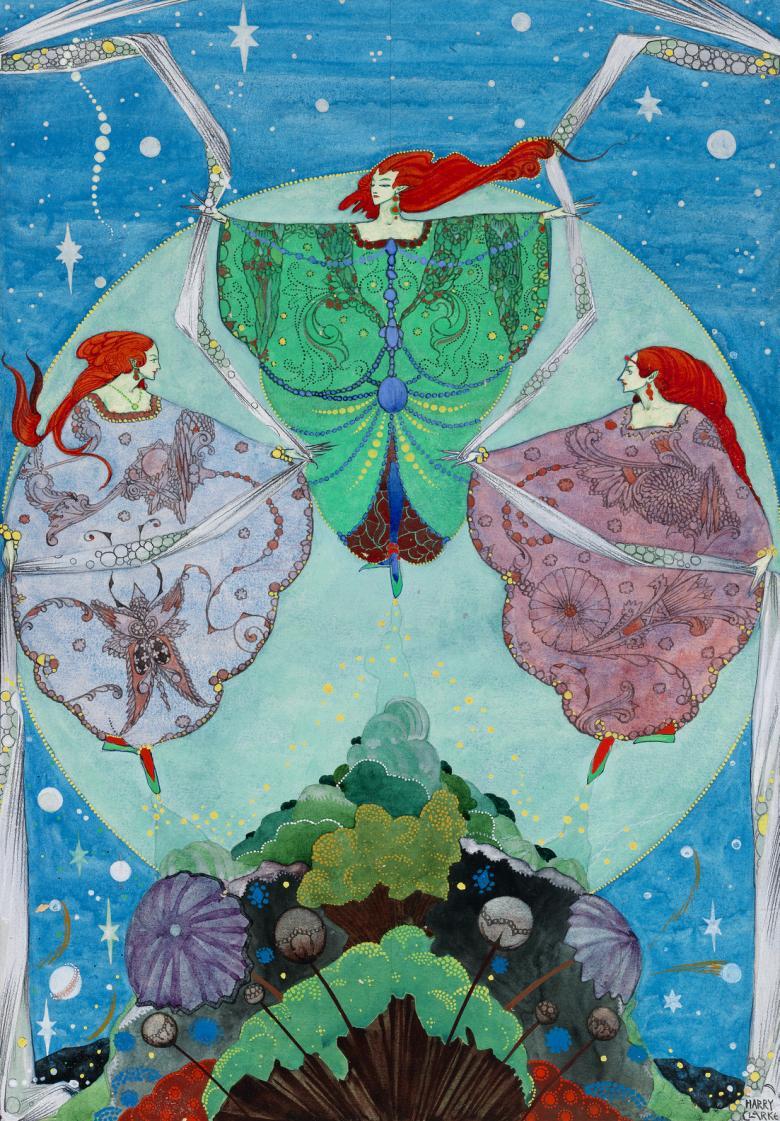Harry Clarke's illustration of three elves dancing in the night sky