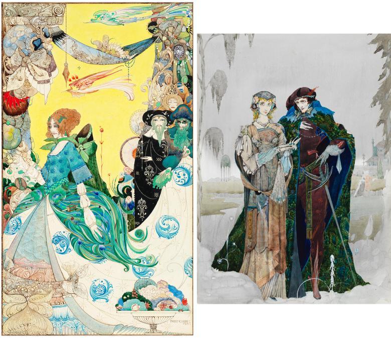 Two richly coloured illustrations by Harry Clarke