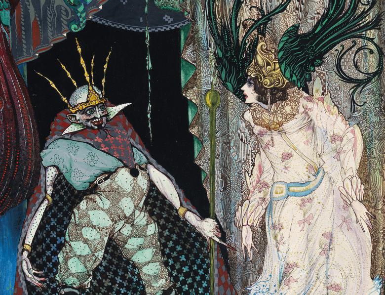 Detailed drawing by Harry Clarke of a wizard in a cape and a female figure with black feathered wings