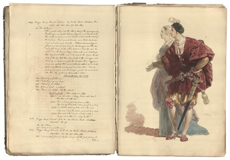 An open book - on the right hand side, a coloured drawing of a man and woman, and on the left, handwritten text.