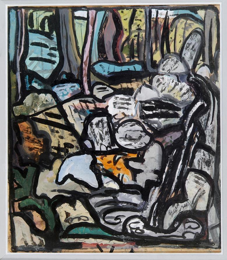 Abstract painting in gouache with greys, blues, yellow, green and browns