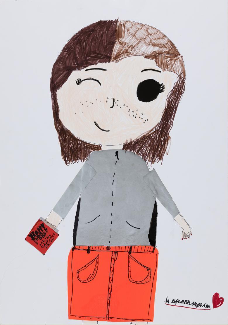 Children's self-portrait in felt-tip pen of themselves with brown hair, a grey jumper, holding a copy of Harry Potter and the Order of the Phoenix