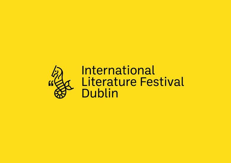 Logo featuring black line drawing of a seahorse and the words International Literature Festival Dublin on a yellow background