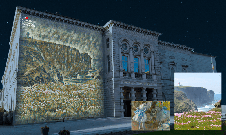 Merrion Square facade of the National Gallery of Ireland building with an Impressionistic landscape projected on to the facade and two images overlayed - one of a pastel drawing by Degas and a photo of a landscape