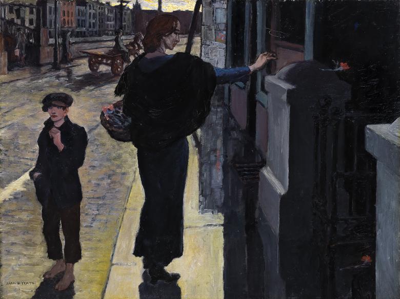 A scene on a street. A woman leaves a red rose beside a window, a boy stands to her left on a cobbled street.