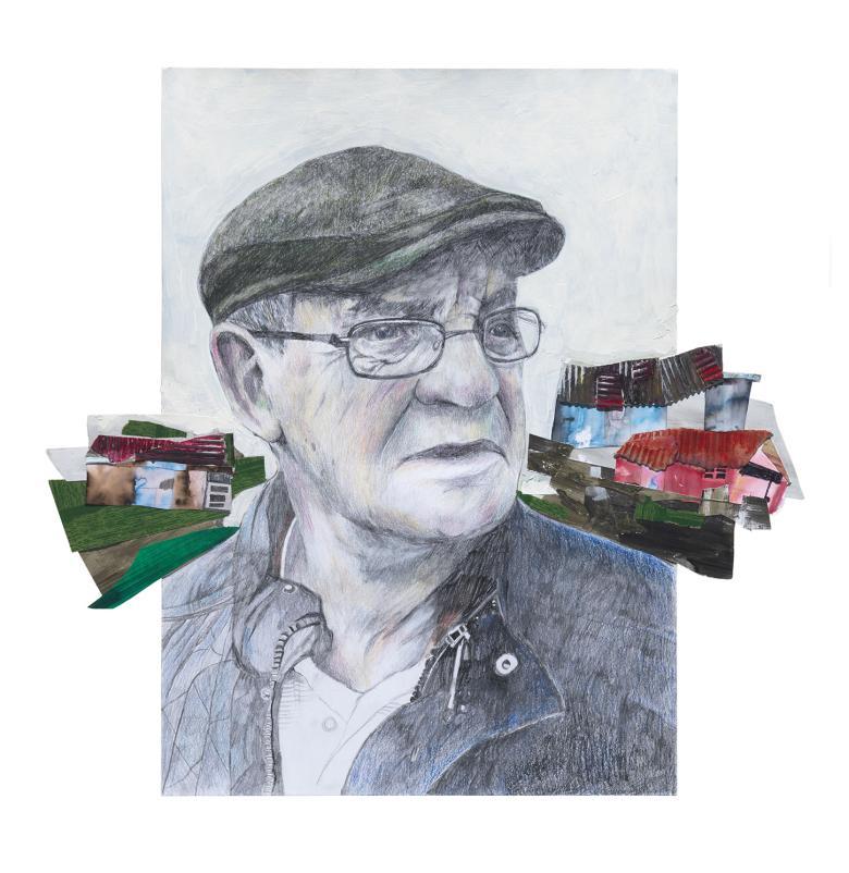 Portrait in pencil of an older man wearing glasses and a flat cap. Behind his shoulders, colourful vignettes of semi-abstract sheds and fields
