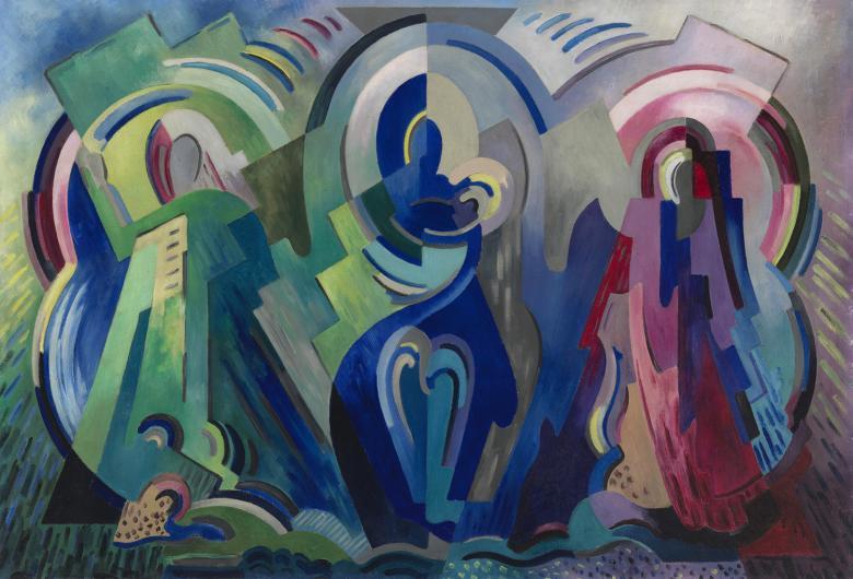 Abstract painting of three figures in green, blue and pink tones.