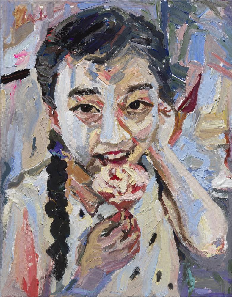 Child's painting of a young girl with dark hair in plaits eating ice cream
