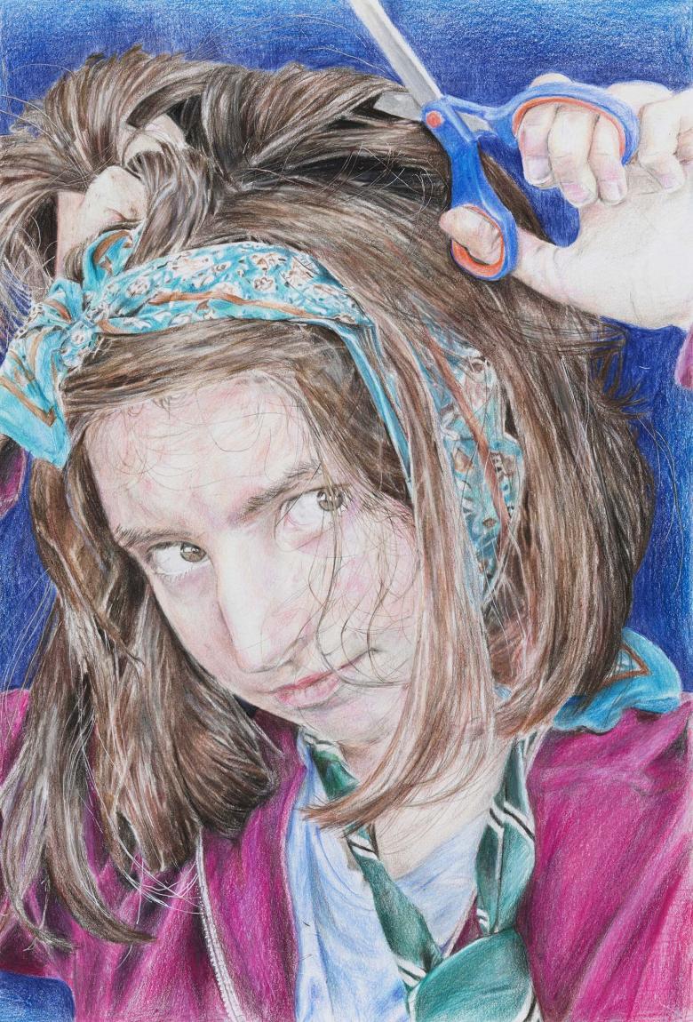 Close-up portrait of a girl wearing a pink cardigan and floral hairband, cutting her should-length brown hair with a blue scissors