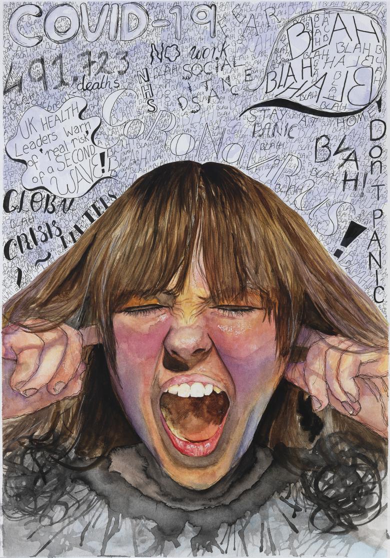 Watercolour portrait of a young girl screaming with her fingers in her ears, surrounded by words such as "blah blah blah" and "covid-19"