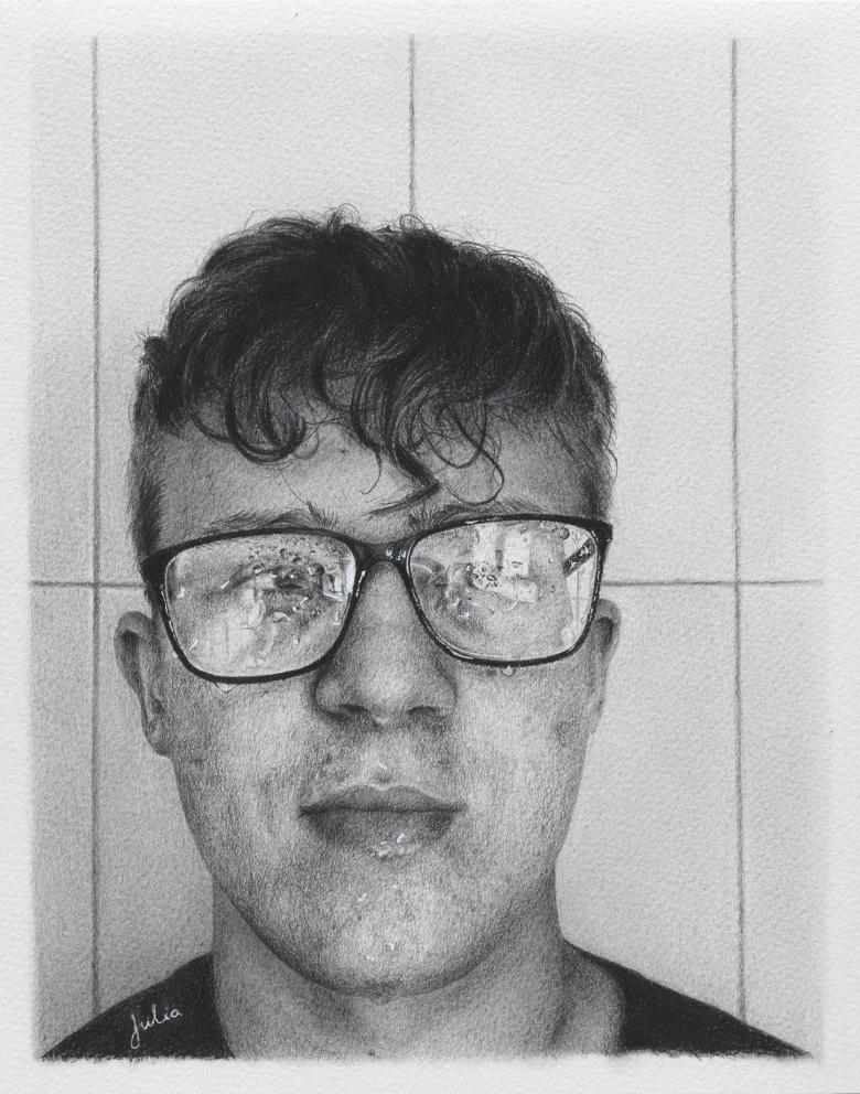 Black and white pencil drawing of a boy with dark hair wearing steamed up glasses