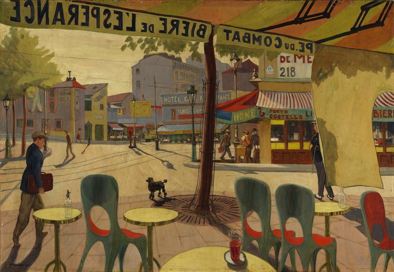 A painting of a scene on a Parisian street. We see the scene from the artist's point of view as he sits drinking a glass of wine at the table, looking out at chairs on the terrace, figures walking by, a dog on the street, and another cafe opposite 