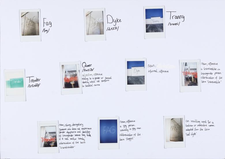 Polaroid photographs with text alongside defining words used to describe LGBTQIA+ people