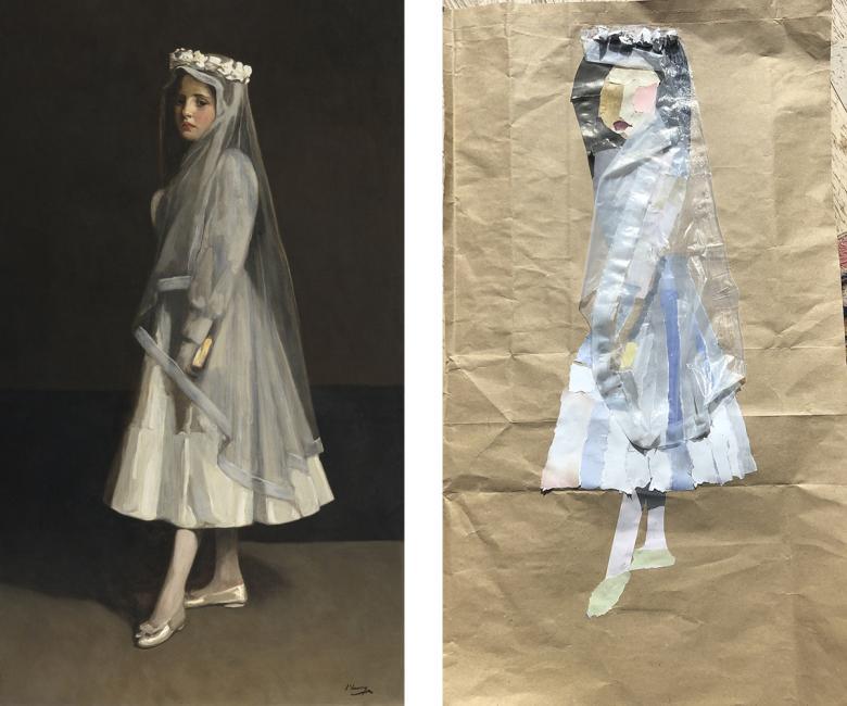 John Lavery's painting Her First Communion beside a collage version of the painting