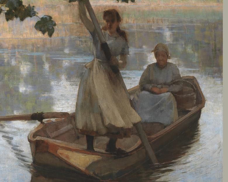 Old woman seated in rowboat as young woman stands on stern guiding the boat with a paddle