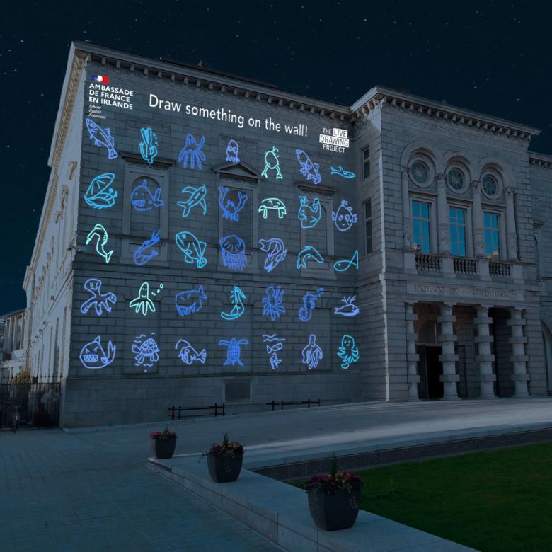Drawings projected on the facade of the National Gallery of Ireland