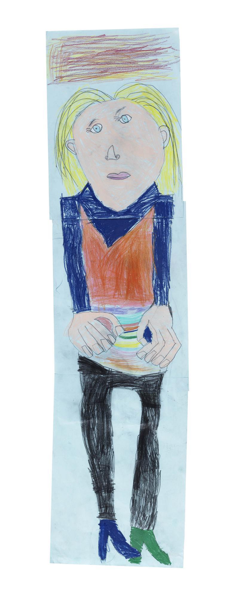 Child's drawing of a full-length portrait of a woman with blond hair drawn on a tall, skinny piece of paper