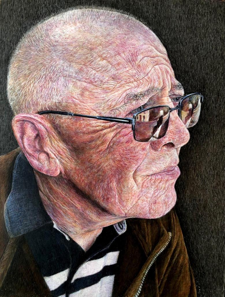 Painting of an older male figure with short grey hair, a striped top and glasses