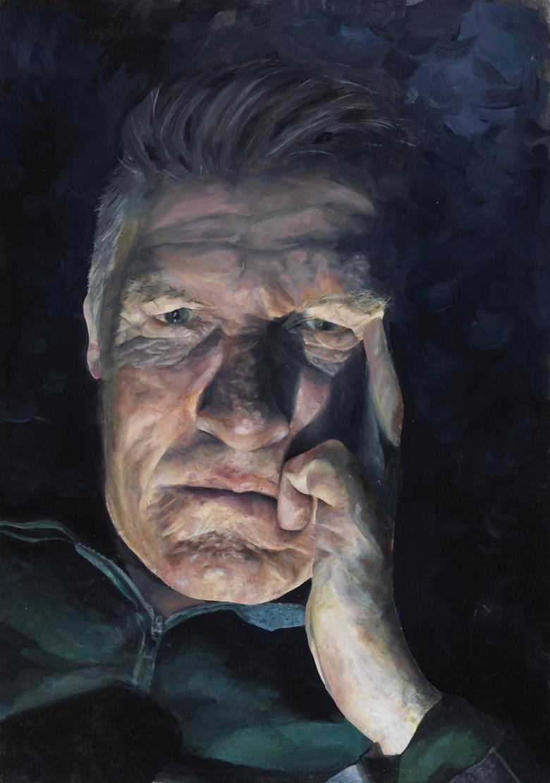 Atmospheric painted portrait of a older man resting his face on his let hand. His face is brightly lit and he is surrounded by dark shadow