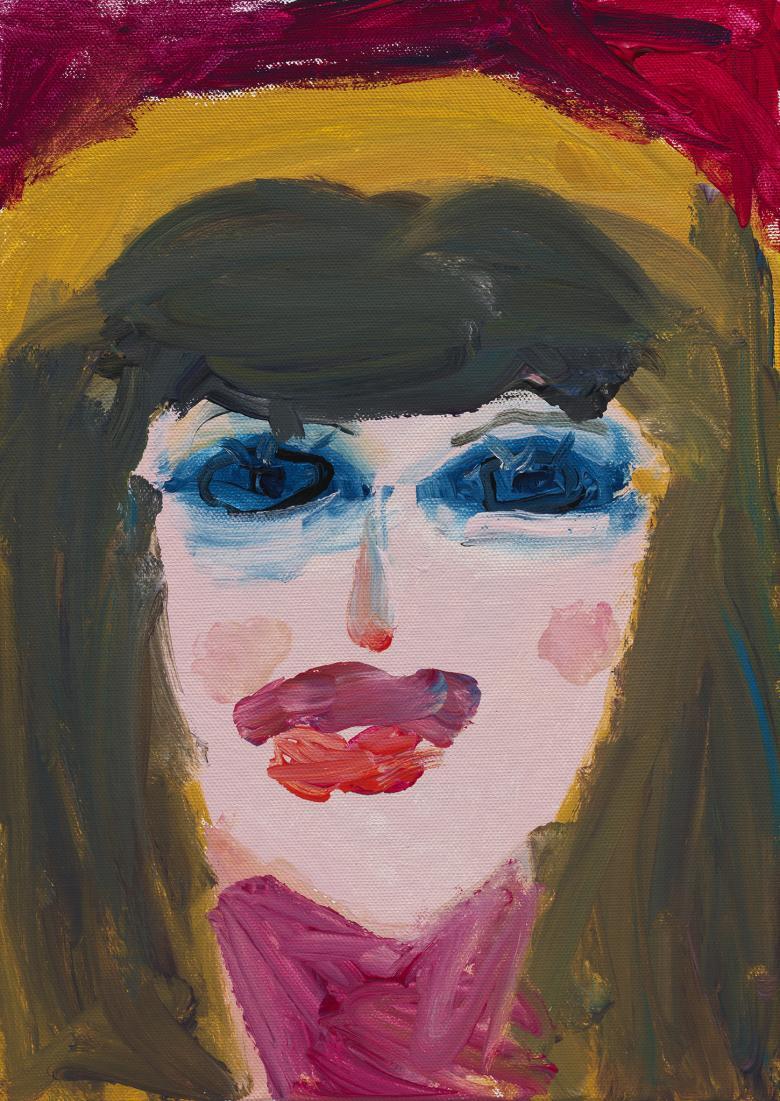 Children's portrait of a child with blue eyes, brown hair and a pink top