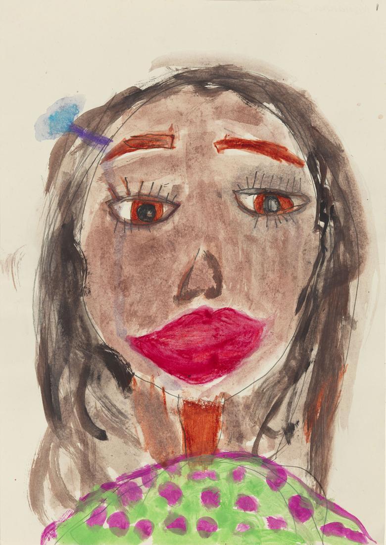 Child's painting of a bust-length portrait of a woman with dark hair and wearing a green top with purple spots