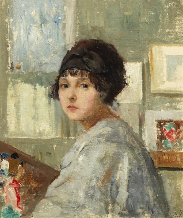 An oil painting of a woman with dark hair, wearing a white artist's smock and holding an artist's board. She looks directly at the viewer.