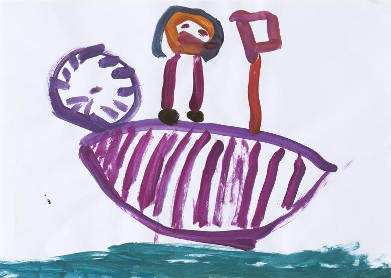 Children's painting of a sad pirate onboard a pirate ship with a purple flag