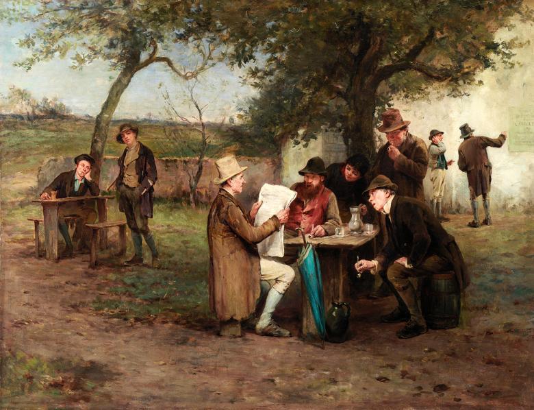 Painting of a group of men sitting at a table, wearing brown coats and brown hats. One of the group holds large sheets of paper and is reading proclamations to the group.