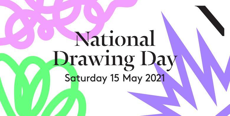 National Drawing Day logo featuring pink and green squiggle lines and a purple starburst line. Text says National Drawing Day Saturday 15 May 2021