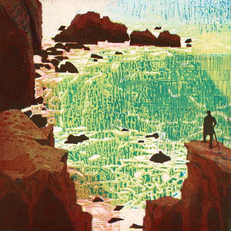 Vibrant print of a man standing on a rocky outcrop overlooking a bay