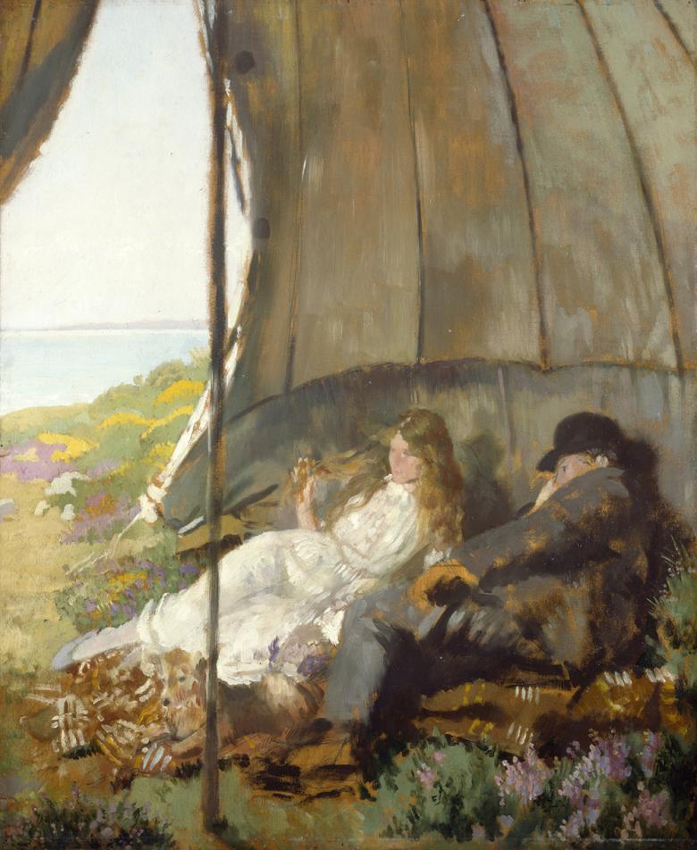 Painting of man and woman in a tent looking at the sea