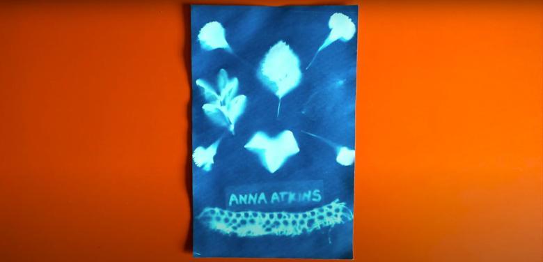 Indigo coloured photogram with impressions of leaves and Anna Atkins name written out. 